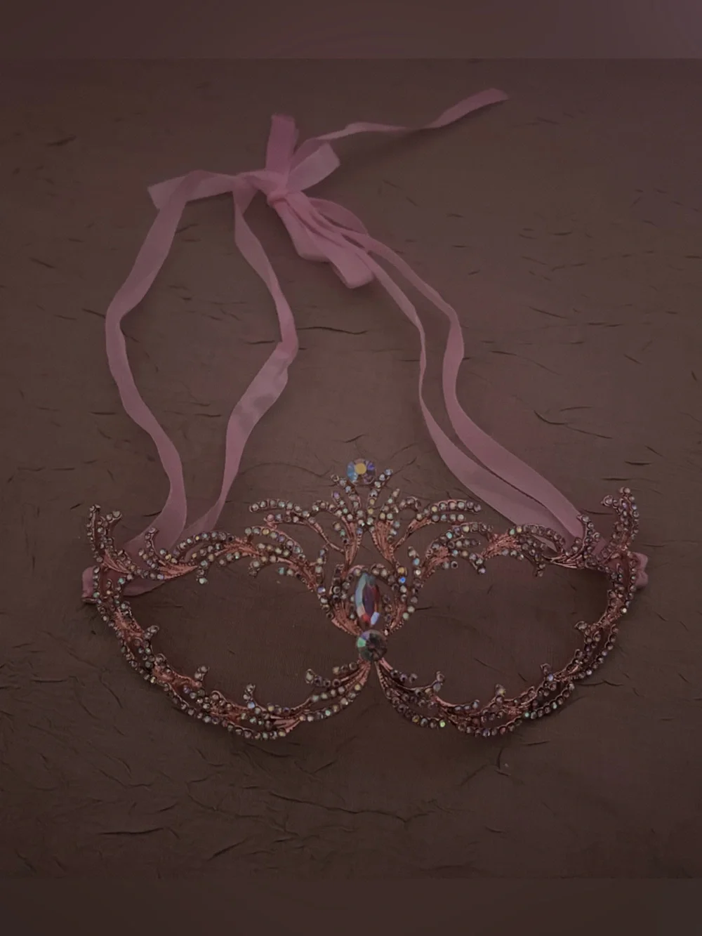 Rose Gold Crystal Venetian Masquerade Mask Rhinestone Filigree Pink Ribbon NWOT